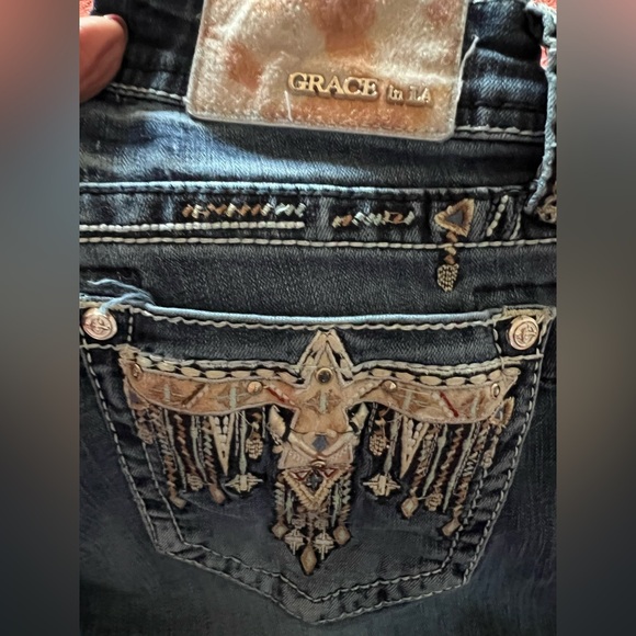 GRACE Embellished Bootcut Jeans Size 25 Western Cross Pocket Denim - Picture 4 of 6